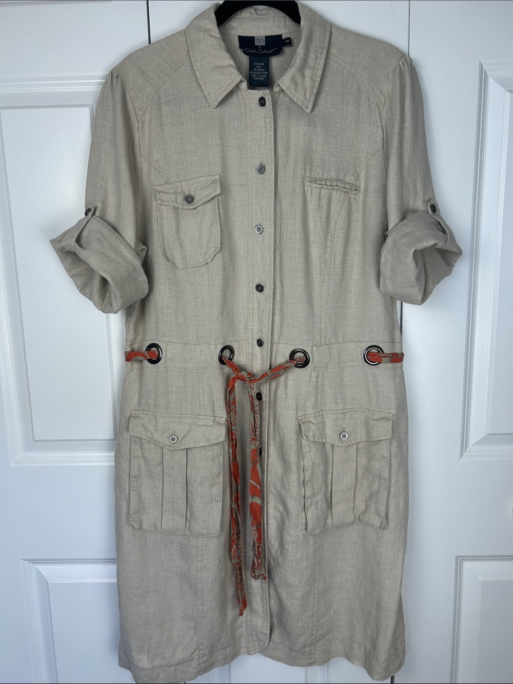 Debbie Shuchat Beige Linen Midi Dress with Orange Accent Tie Size 14